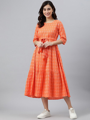 Kharoliya Women Fit and Flare Orange Midi/Calf Length Dress