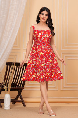 MAGHMA Women A-line Red Knee Length Dress