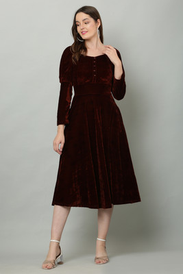 AASHA TEXTILES Women A-line Maroon Midi/Calf Length Dress
