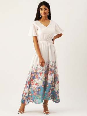 Deewa Women Fit and Flare White Maxi/Full Length Dress