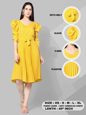 Lnfashionn Women Fit and Flare Yellow Knee Length Dress