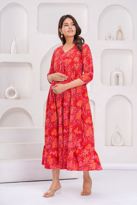 KANIW Women A-line Red Below Knee Dress