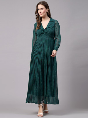 AAYU Women Fit and Flare Green Maxi/Full Length Dress