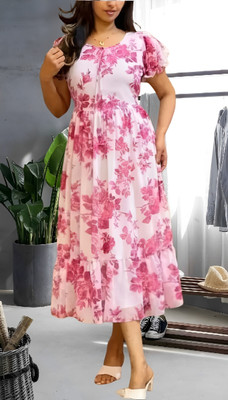 one amore Women A-line Multicolor Midi/Calf Length Dress