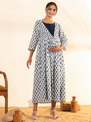 Janasya Women A-line Blue, White, Dark Blue Maxi/Full Length Dress