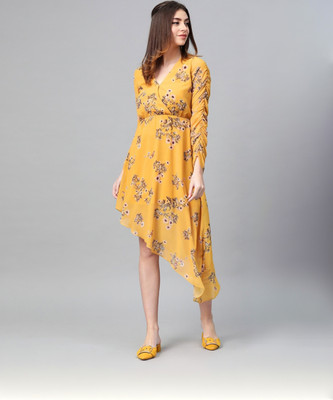 SASSAFRAS Women Asymmetric Green, White, Yellow Maxi/Full Length Dress