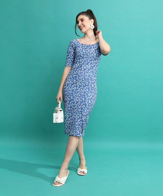 Tokyo Talkies Women Bodycon Blue, White Below Knee Dress