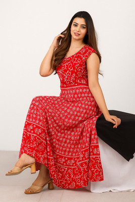 HouseOfCommon Women Fit and Flare Red Midi/Calf Length Dress