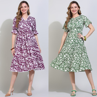 DEHITAFASHION Women Fit and Flare Purple, Green Below Knee Dress