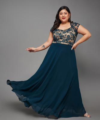 Miss Chase Women Fit and Flare Blue Maxi/Full Length Dress