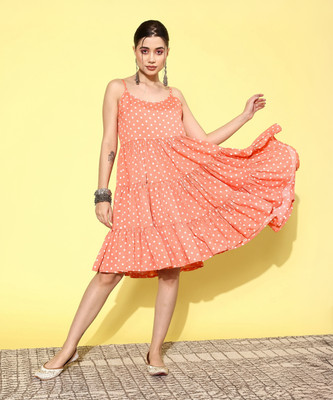 Varanga Women A-line Orange, White Knee Length Dress