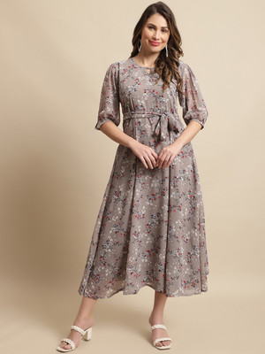 Fabflee Women Fit and Flare Grey Midi/Calf Length Dress