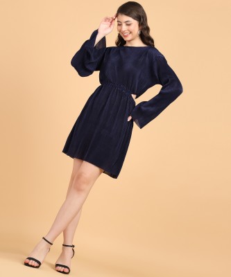 POPWINGS Women Fit and Flare Dark Blue Dress