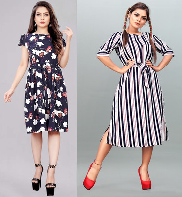 maruti fab Women Fit and Flare Blue Below Knee Dress