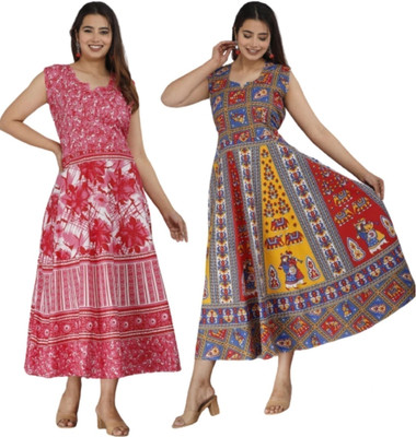 Namokarhub Women Fit and Flare Multicolor Midi/Calf Length Dress