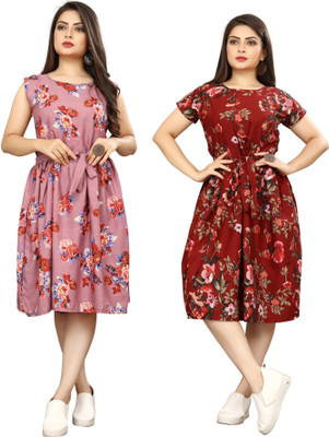 HouseOfCommon Women Fit and Flare Pink Knee Length Dress