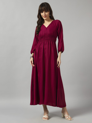 Jash Creation Women Fit and Flare Purple Midi/Calf Length Dress