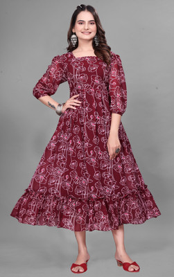 QUEUEE CREATION Women Fit and Flare Maroon Midi/Calf Length Dress