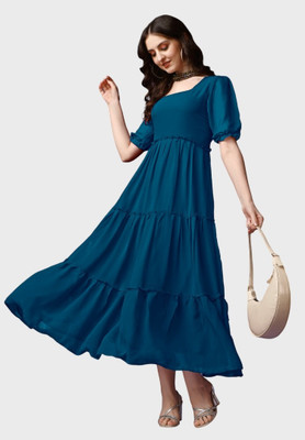 Krunal Raiyani Women Fit and Flare Dark Blue Maxi/Full Length Dress