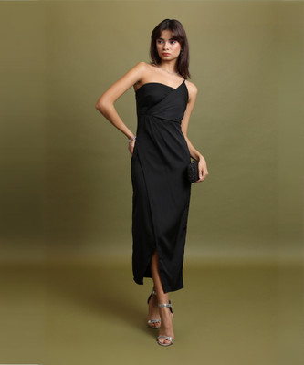 Tokyo Talkies Women Ribbed Black Midi/Calf Length Dress