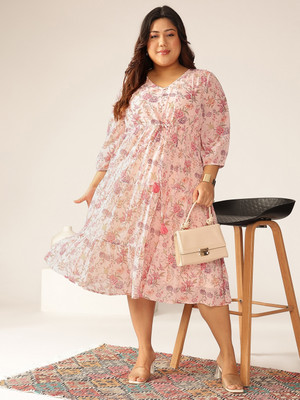 Janasya Women Tiered Pink Midi/Calf Length Dress