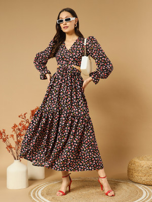 ZWERLON Women Fit and Flare Black Maxi/Full Length Dress