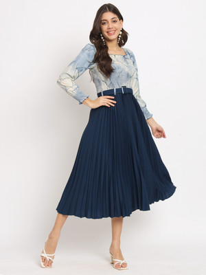 OTABU Women A-line Dark Blue, White, Light Blue Midi/Calf Length Dress