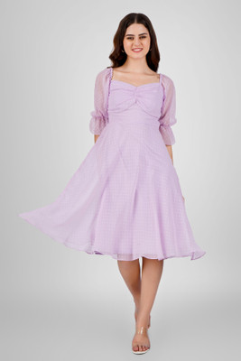 Wownoon Women Fit and Flare Purple Knee Length Dress