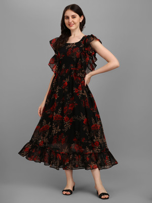 Fashion2wear Women Fit and Flare Black Maxi/Full Length Dress