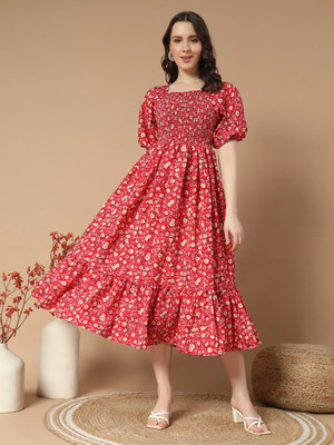 ZWERLON Women A-line Red Midi/Calf Length Dress