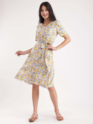 KALLAXI Women Fit and Flare Yellow Knee Length Dress