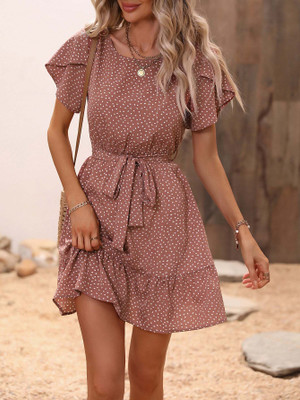 OUTZIDR Women A-line Beige Above Knee/Mid Thigh Length Dress