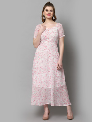 AAYU Women Fit and Flare White, Pink Maxi/Full Length Dress
