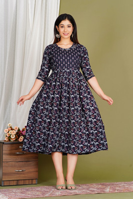 aashub Women A-line Blue Ankle Length Dress