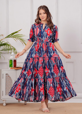 TEESHA Women Fit and Flare Red, Blue Below Knee Dress