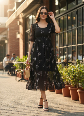 ROSEMELON Women A-line Black Midi/Calf Length Dress