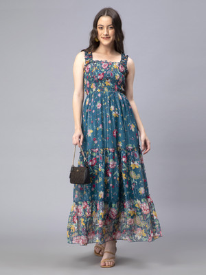 HouseOfCommon Women Fit and Flare Multicolor Maxi/Full Length Dress