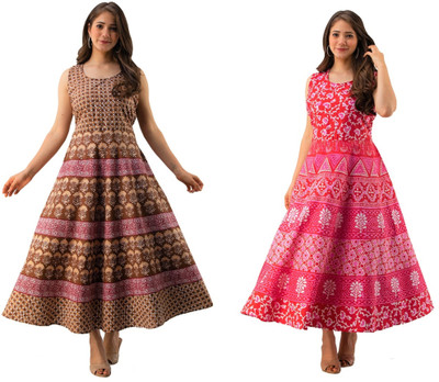 NUWAAL Women A-line Multicolor Maxi/Full Length Dress