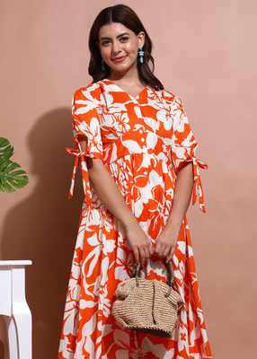 DEHITAFASHION Women Fit and Flare Orange Midi/Calf Length Dress