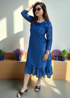 Bhanderi Creation Women A-line Blue Midi/Calf Length Dress