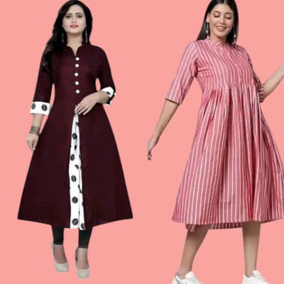 Houseofcommonk Women Printed Anarkali Kurta(Red, Pink)
