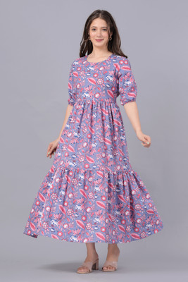 Shopaxis Women Fit and Flare Grey, Pink Maxi/Full Length Dress