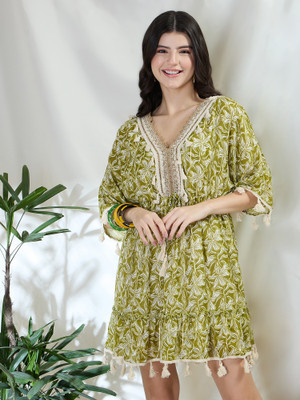 DRAPE AND DAZZLE Women Fit and Flare Green Above Knee/Mid Thigh Length Dress
