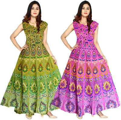 Shunit creation Women Fit and Flare Green, Pink Maxi/Full Length Dress