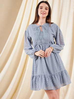 KIBO Women Fit and Flare Blue Above Knee/Mid Thigh Length Dress