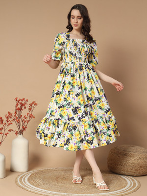 ZWERLON Women Empire Waist Multicolor Midi/Calf Length Dress