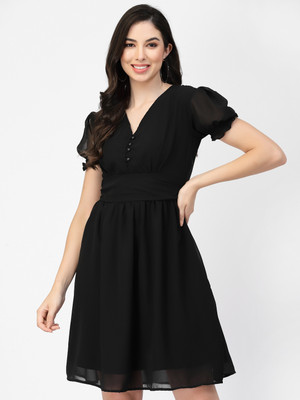 Delis Women A-line Black Above Knee/Mid Thigh Length Dress