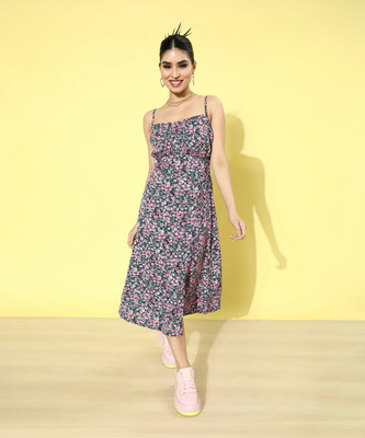 PLUSS Women A-line Multicolor Midi/Calf Length Dress