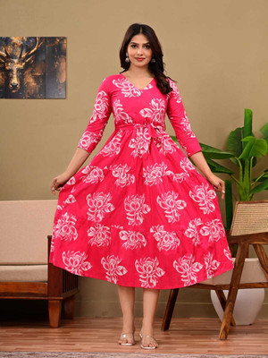 RootedRang Women A-line Pink Midi/Calf Length Dress