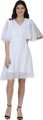 FIRST ARRIVAL Women A-line White Knee Length Dress